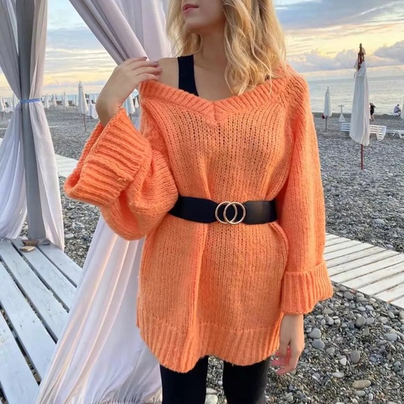 Sweater knit wide sleeve cream white black V-neck womens loose top - Picture 4 of 14